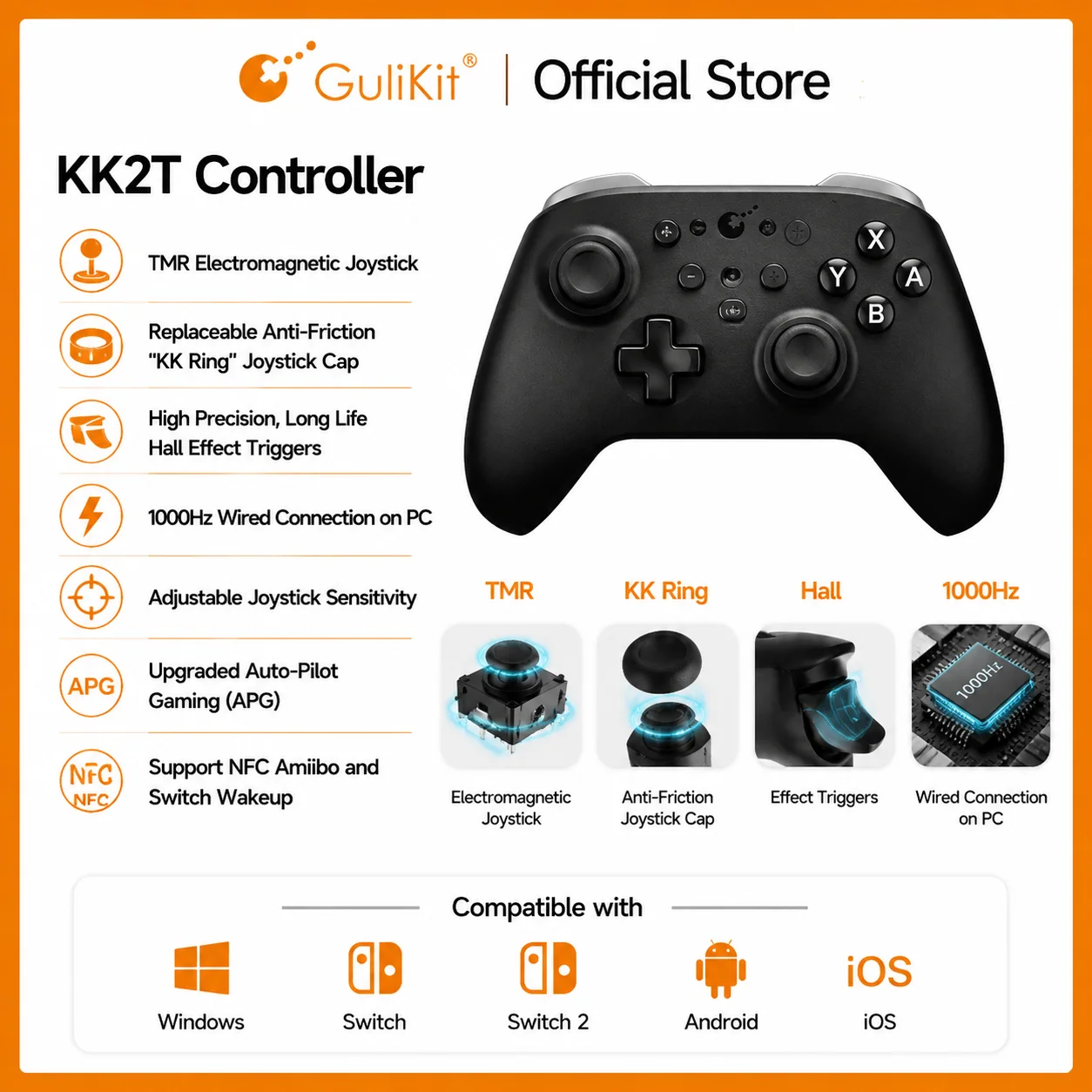 

GuliKit KK2T Wireless Bluetooth Game Controller With Anti-Drift TMR Magnetic Joystick for Windows/Switch 2/Steam Deck/iOS/macOs