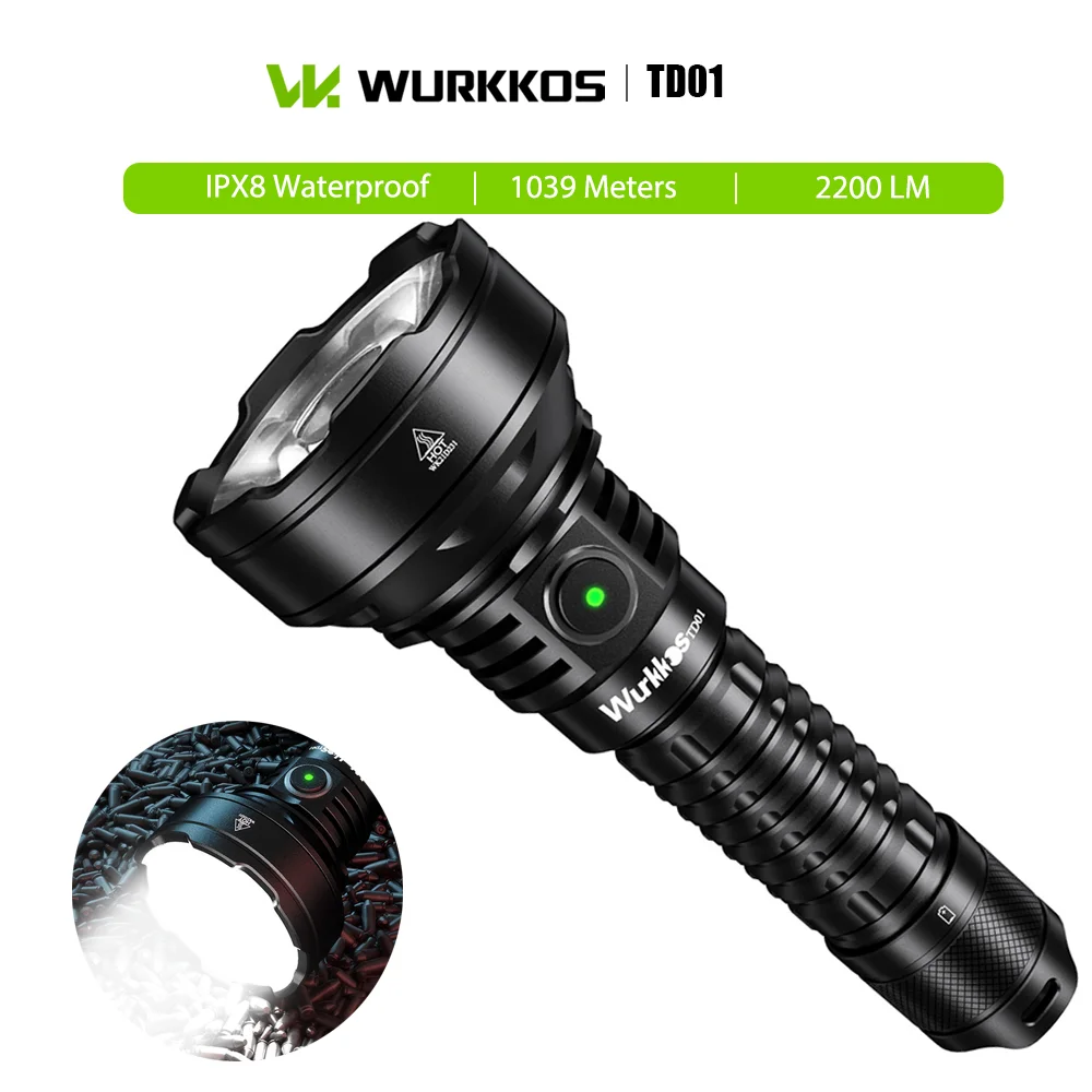 Wurkkos TD01 2200LM IPX8 Waterproof Tactical Flashlight Super Bright SFT40 LED  Rechargeable Flashlight with Dual Switch 8 Modes