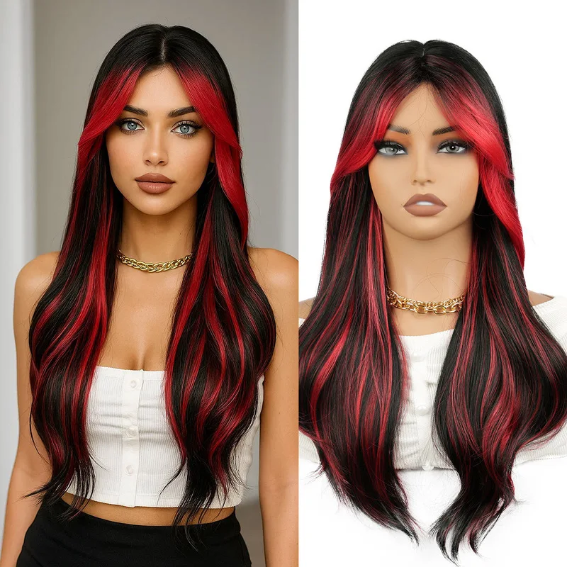 Red highlights long curly wavy fashion wig for women, synthetic fiber full head wig for cosplay