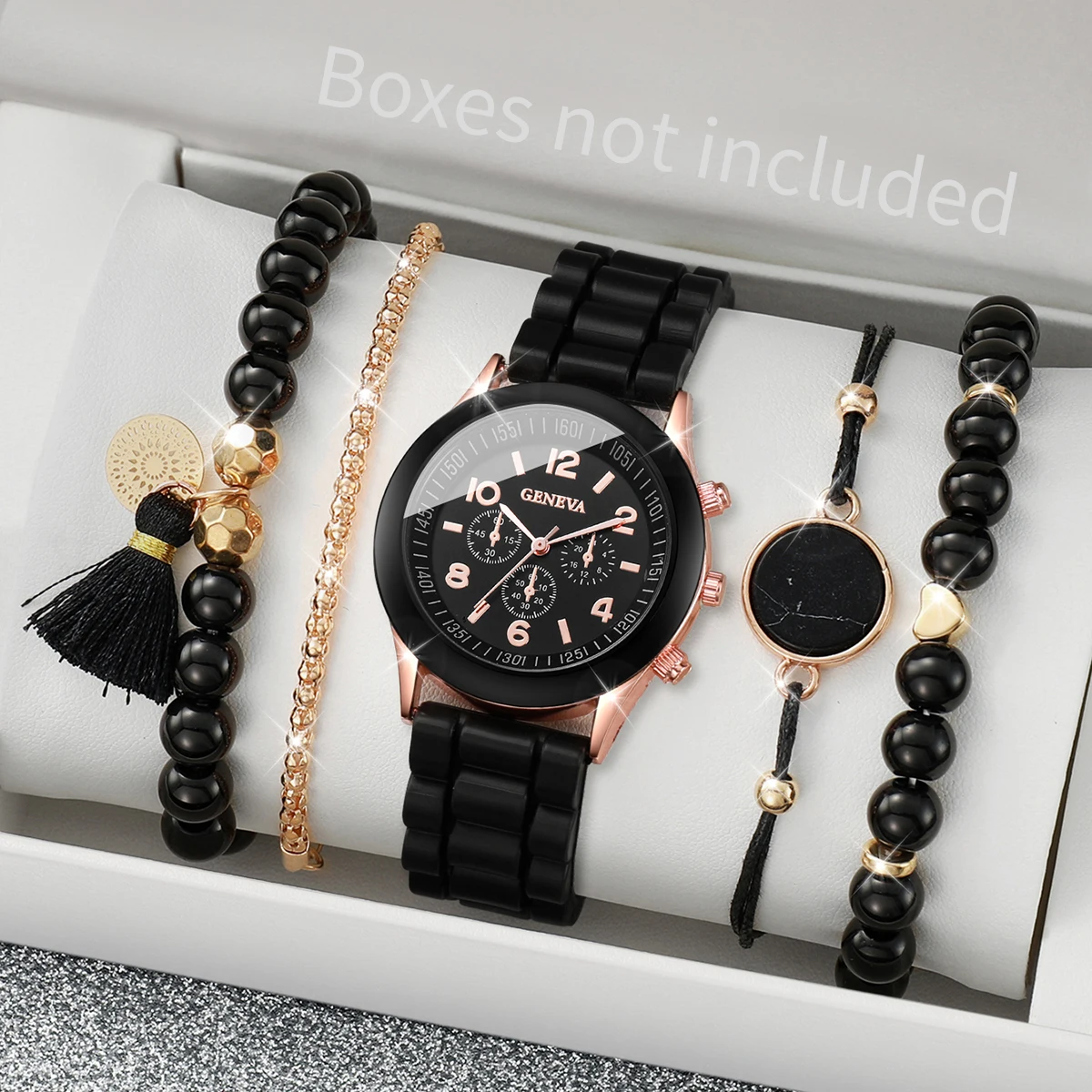 5pcs/set Women Silicone Band Quartz Watch and Beads Tassels Bracelet Set