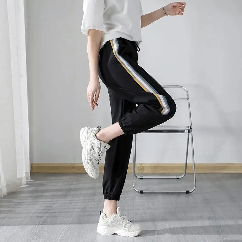 Women's Spring Summer Solid Pockets Elastic High Waisted Striped Casual Sports Lantern Trousers Office Lady Vacation Pants