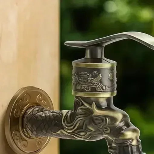 Vintage Garden Tap 1/2 Inch Wall Mounted Outdoor Faucet With Antique Dragon Design, Zinc Alloy Bronze Finish For Garden Balcony