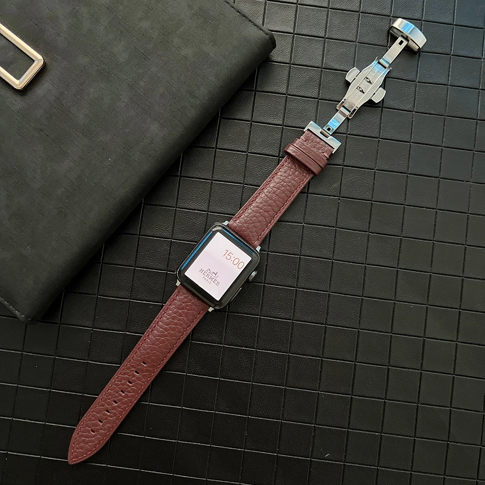 Premium Leather Strap for Apple Watch Band 49mm 45mm 41mm 44mm 40mm 42mm Butterfly Buckle Bracelet for iWatch 8 Ultra 7 6 5 4 SE