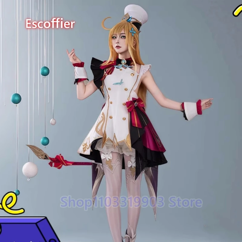 

Genshin Impact Escoffier Cosplay Costume Anime Women Fashion Dress Tail Hat Halloween Carnival Party Suit Wig ACC Uniform