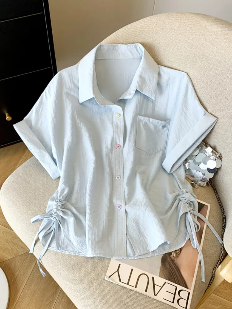 

Button Short Sleeve Drawstring Top Women's Summer Fashion plus Size Slimming Design Base Layer Shirt Korean Style