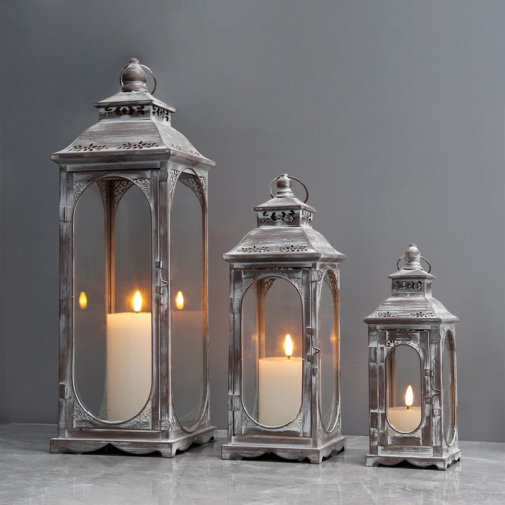 Set of 3 Vintage Candle Lanterns 10/14/19.5''H Decorative Outdoor Lantern Metal Candle Holder with Tempered Glass