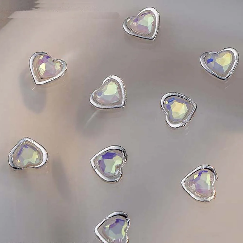 10pcs Aurora Heart Shaped Design Nail Art Charm 3D Glitter Candy Color Glass Crystal Love Nail Jewelry DIY Luxury Nail Supplies