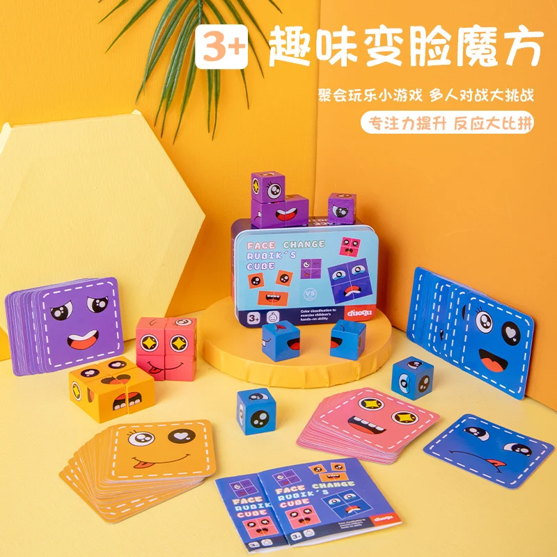 Kids Face Change Cube Game Montessori Expression Puzzle Building Blocks Toys Early Learning Educational Match Toy for Children