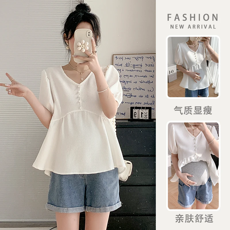 

A376# Summer Korean Fashion Maternity Blouses Sweet Lovely Tunic Clothes for Pregnant Women Casual Thin A Line Pregnancy Tops