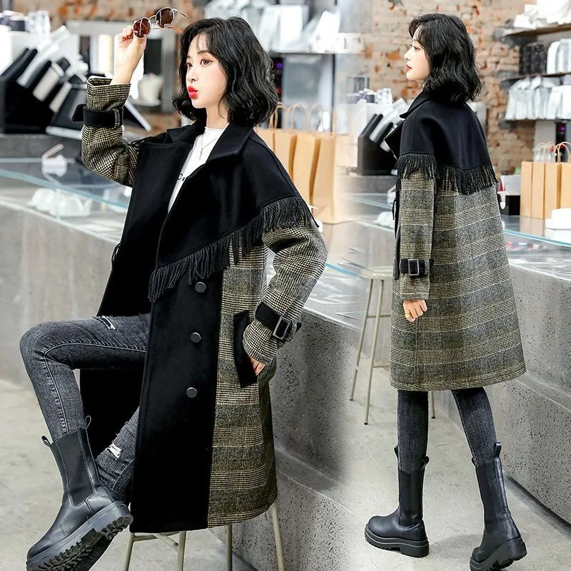 Female Fashion Casual Design Mid-Length Woolen Coat 2023 Winter New Women Temperament Patchwork Loose Large Size Plaid Outwear