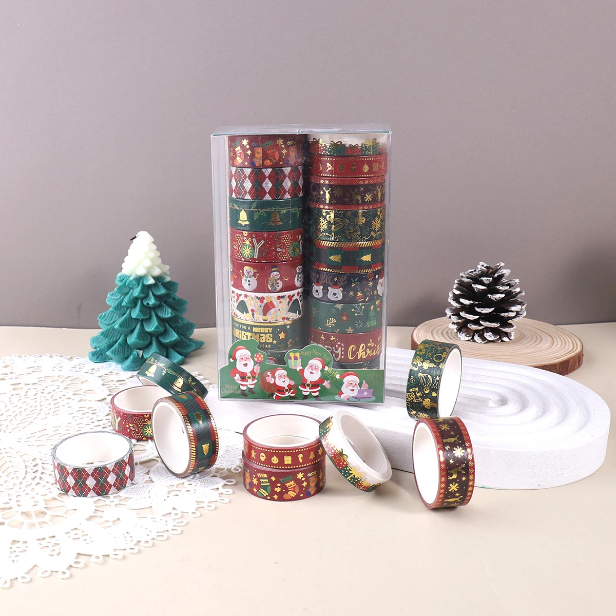 

17 рулонов/коробка, лента васи с рождественским рисунком, подходит для скрапбукинга своими руками и украшения подарков, с золотым тиснением, мастерство