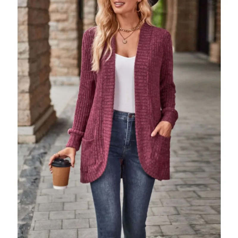 Feminino oco para fora frente aberta cardigan com bolsos solto moda casual frente aberta manga longa casaco grosso