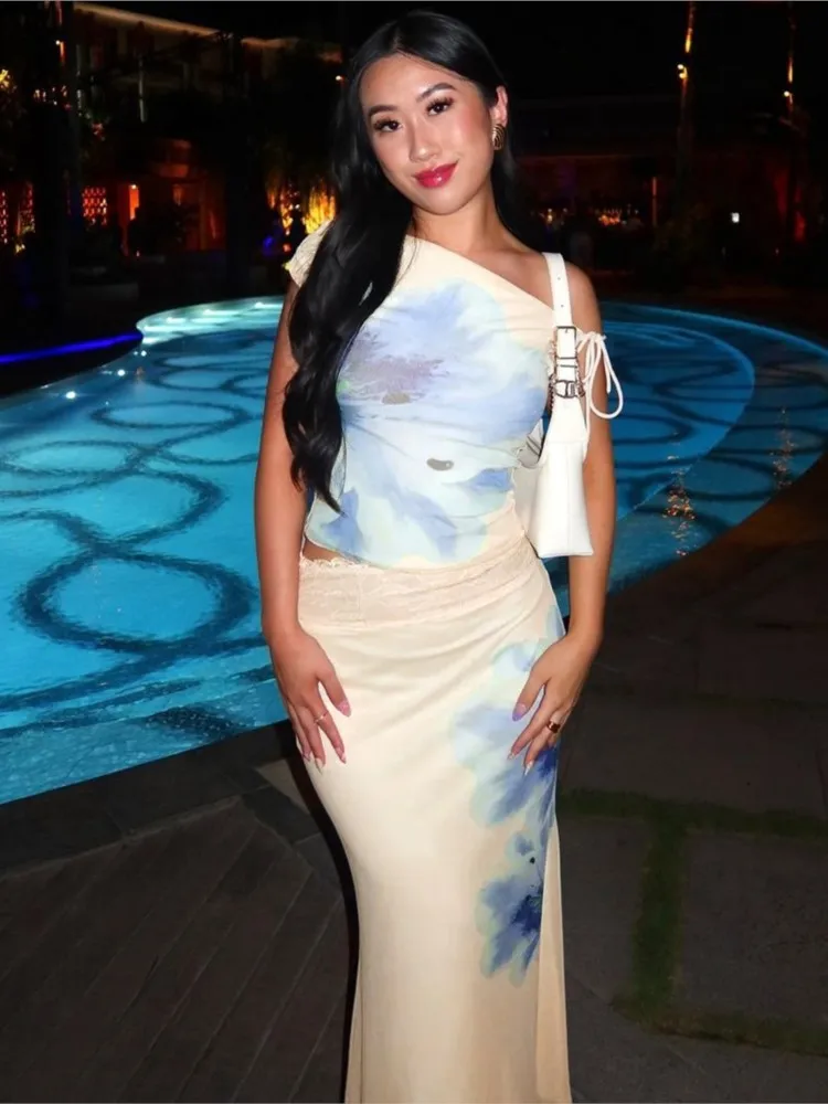 

New Woman 2 Piece Set Outfit Fashion Printed Slant Neck Sleeveless Top Off Shoulder Package Hip Skirts Slim Two Piece Outfits