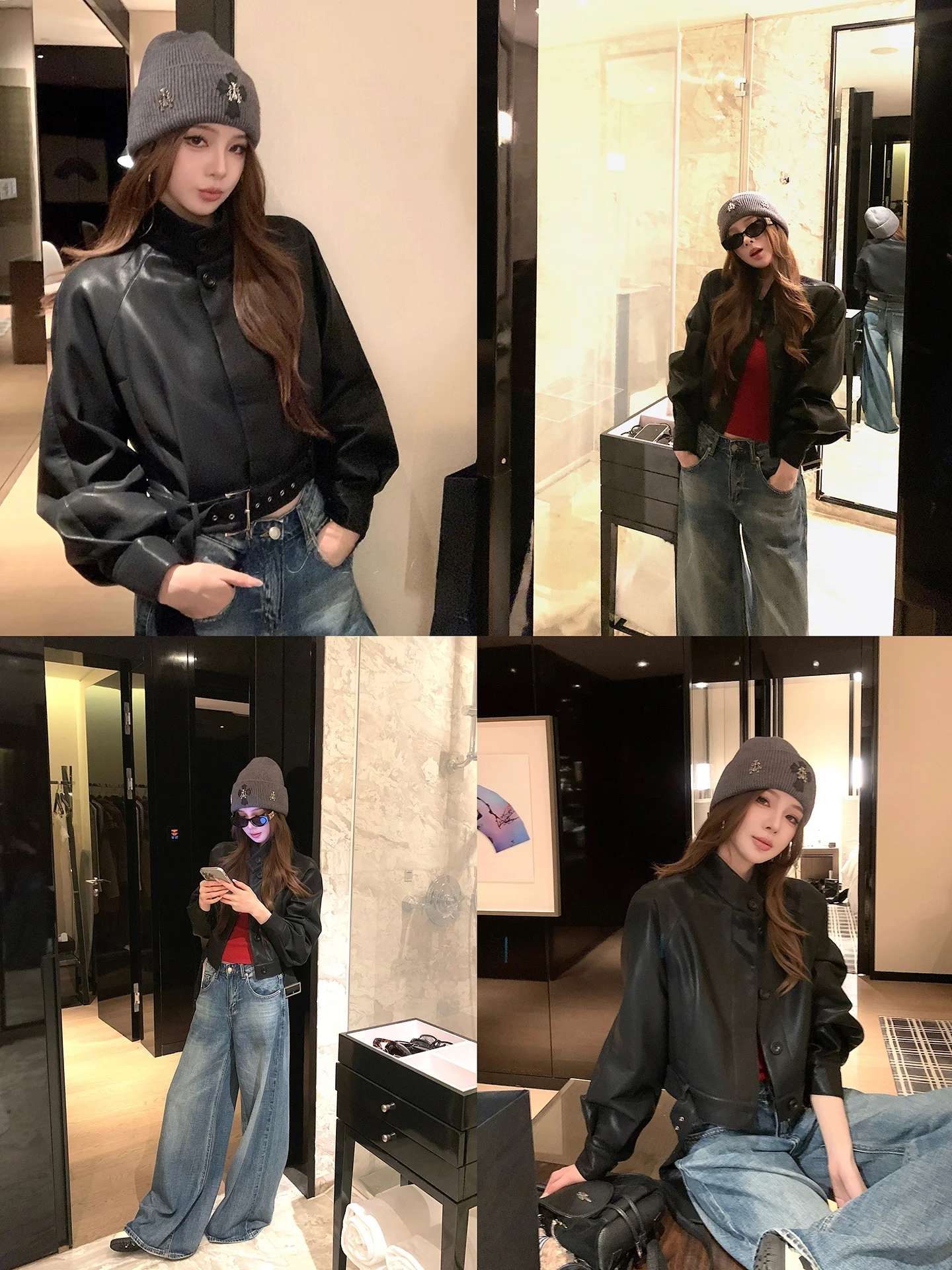 Giacca in pelle rosa retrò casual da donna, vestibilità ampia, effetto snellente, stile High Street, capospalla primaverile, nuova collezione Qiu RuiYao