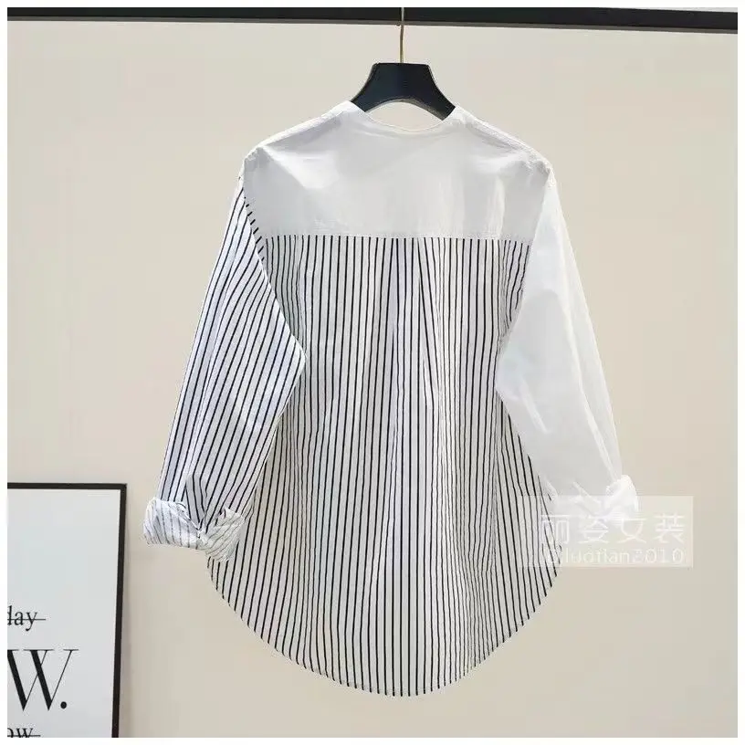 White Patchwork Striped Women Shirt 2025 Spring New Long Sleeved Loose Cotton Cardigan Top