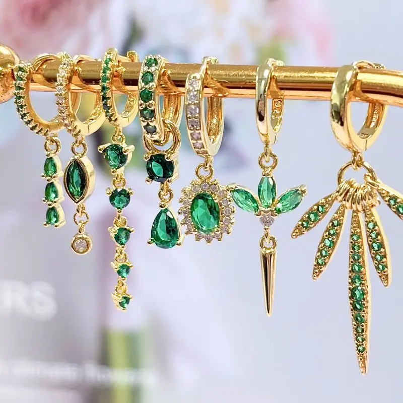 Florato 925 Sterling Silver Ear Needle Turquoise gold Series Hoop Drop Earrings For Women Vintage green Zircong fashion earrings
