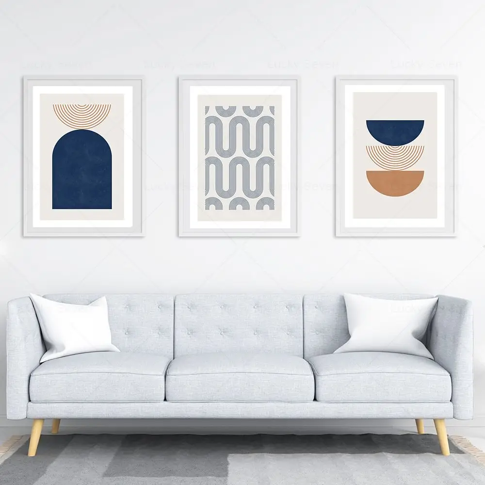 Abstract Navy Blue Color Block Lines Modern Minimalist Wall Art Posters Prints Canvas Paintings Pictures Living Room Home Decor