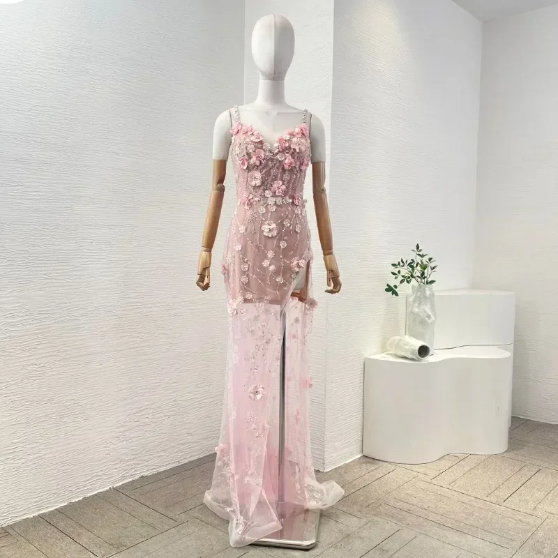 Gilrs' Violet Sleeveless Pearls Flowers Elegant Appliqued Sequined Slit Hem Diamonds See Through Maxi Dresses for Party