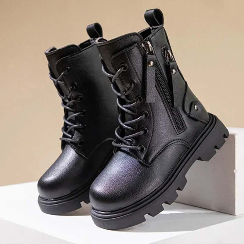 Spring Autumn Kids Shoes Boots for Girl New School Thick Bottom Ankle Boots Fashion Round-toe Children Black Boots Side Zipper