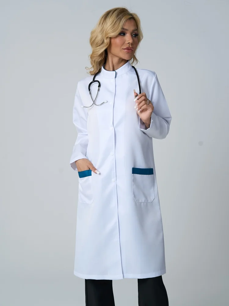 Stand-Up Collar Women's Long-Sleeved Coat Doctor Nurse's Work Laboratory Costumes Professional Medical Clothes Long Coat