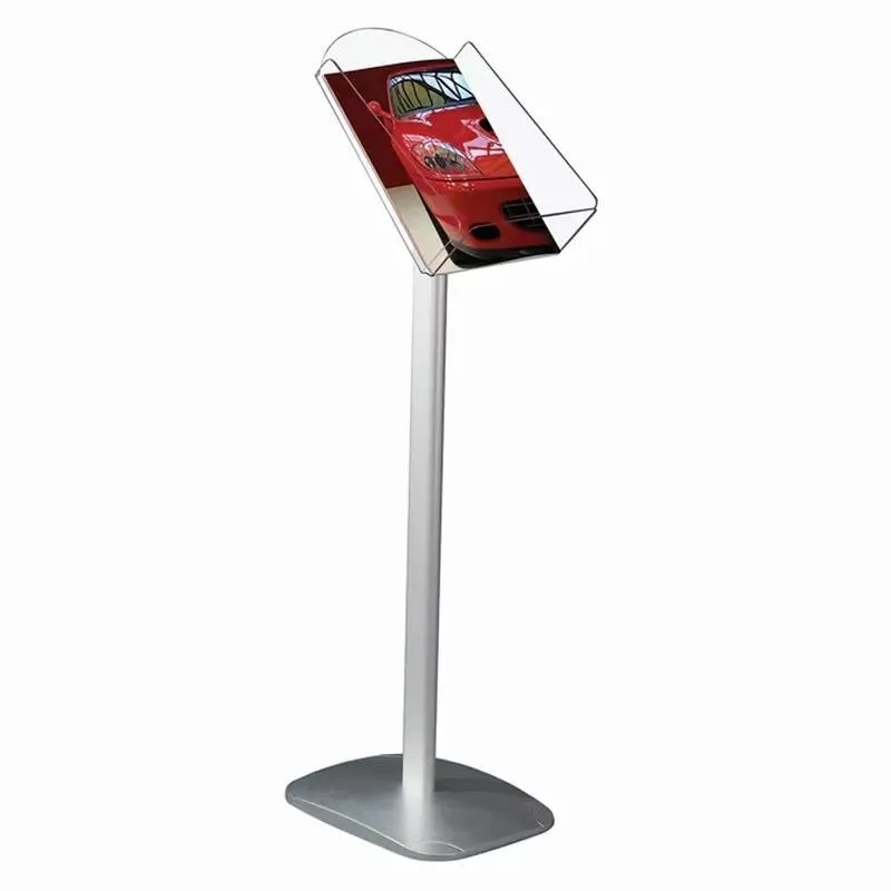 New Design A4 Size Brochure Catalog Holder Acrylic Floor Stand with Silver Rod and Base for Display