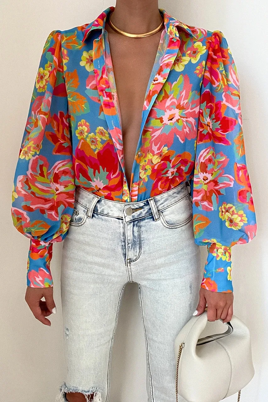 Casual Lantern Sleeve Print Shirt Blouse Women Fashion Spring Summer Button Shirts For Women 2024 Boho Beach Shirt And Tops