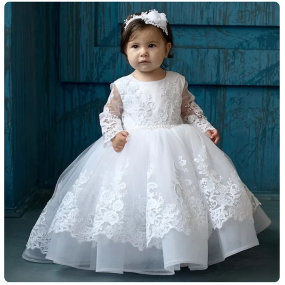 Laço branco Tulle Full Sleeve Puffy Dress para meninas, florista, casamento, festa de aniversário infantil, concurso, primeira comunhão, vestidos de baile