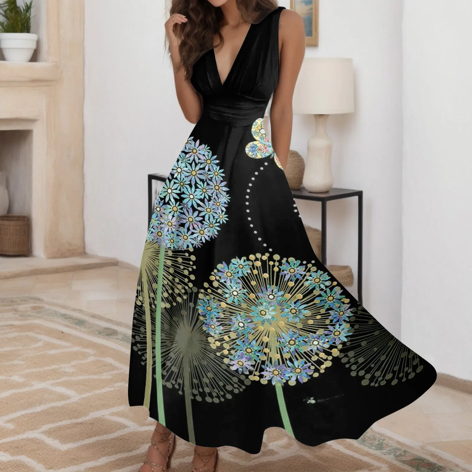 

Women's Long Dress Casual Summer Casual Sleeveless V Neck Boho Style Vintage Printed Comfortable Holiday Dress Vestidos Robe