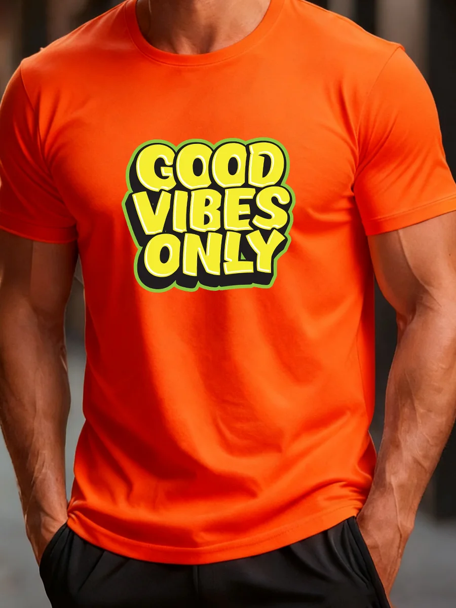 

Bright Orange Short-Sleeve T-Shirt with "GOOD VIBES ONLY" Graphic Print