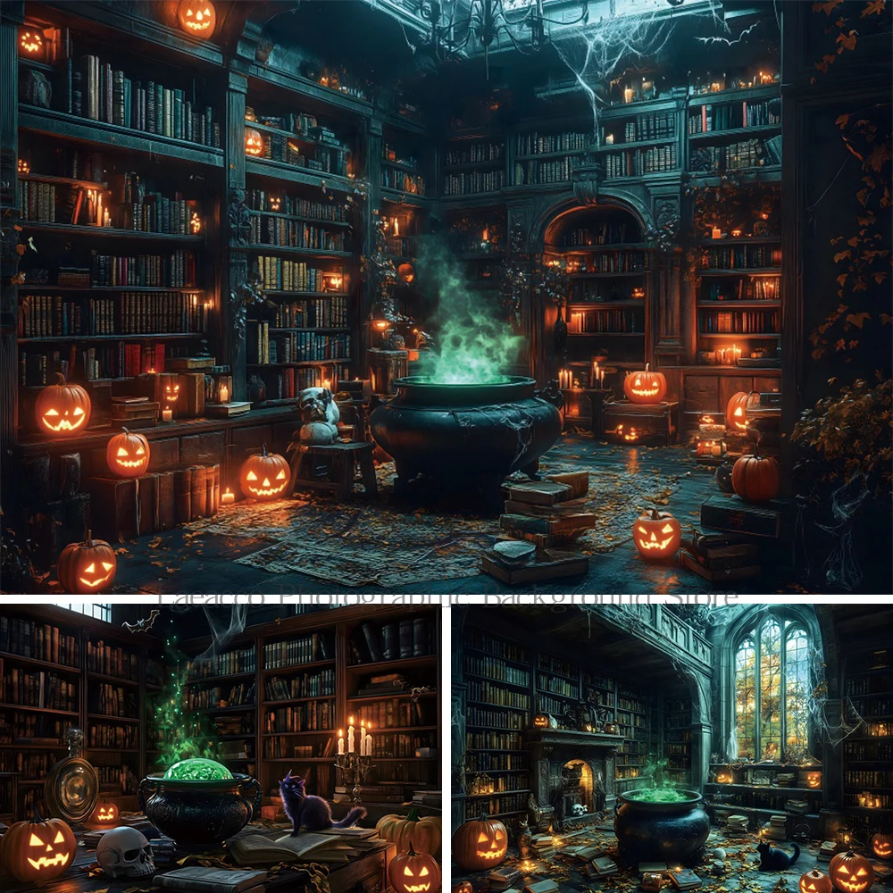 Halloween Magic Witch Cauldron Spooky Background Pumpkin Lamp With Bookshelf Black Cat Ghost Party Backdrop Photo Studio Props