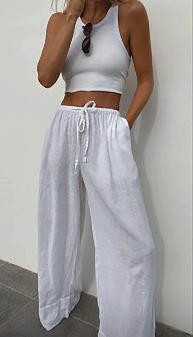 Sean Tsing® 100% Linen Cargo Pants Women Elastic Waist Solid Color Casual Loose Trousers Streetwear Full Length Straight Pants