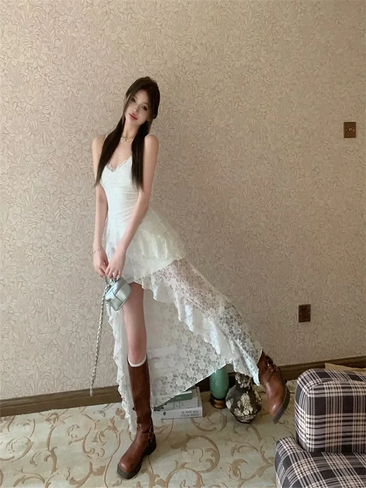 Summer Holiday French White Lace Irregular Slip Dress Summer Vacation Beach Strap Skirt Sexy Chic V Neck Sleeveless Fairy Dress