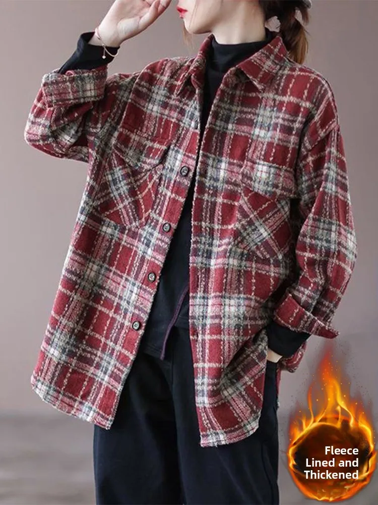 

Thiened шерстяное пальто irt для женщин, винтажное клетчатое свободное длинное пальто све на пуговицах, повседневная верхняя одежда, зимний сезонный воротник