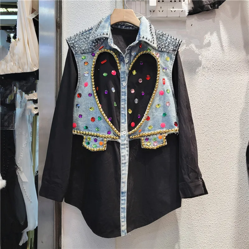 Heavy Craft Heart Beaded Denim Vest Fake Two-Piece Shirt for Women, New Style Loose Slimming Mid-Length Street Blouse