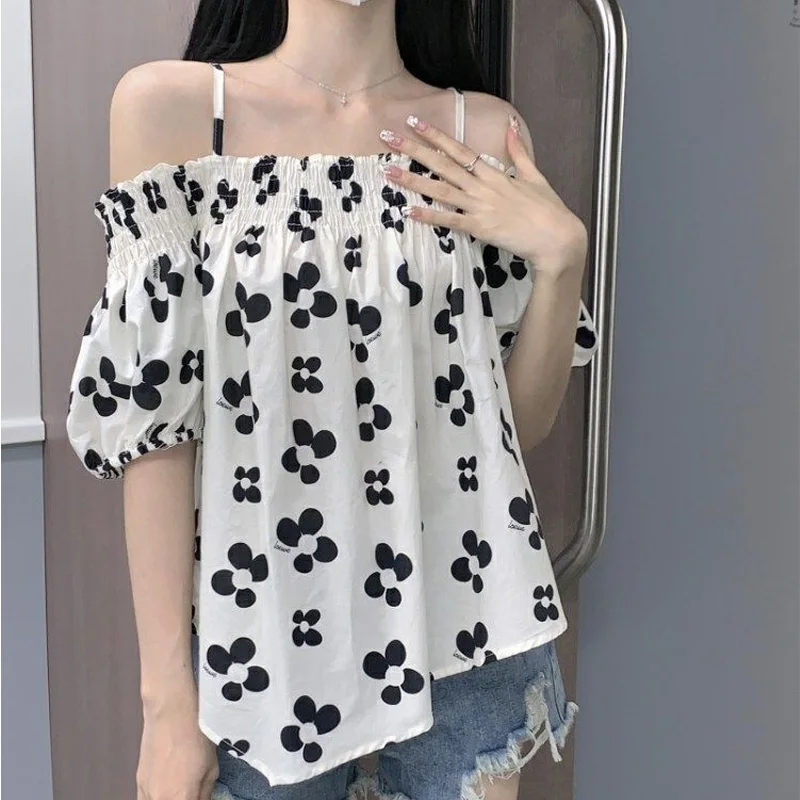 2023 Summer Fashion Pure Desire Off Shoulder Fragmented Flower Bubble Sleeves Sweet and Spicy Loose Oversize Shirt