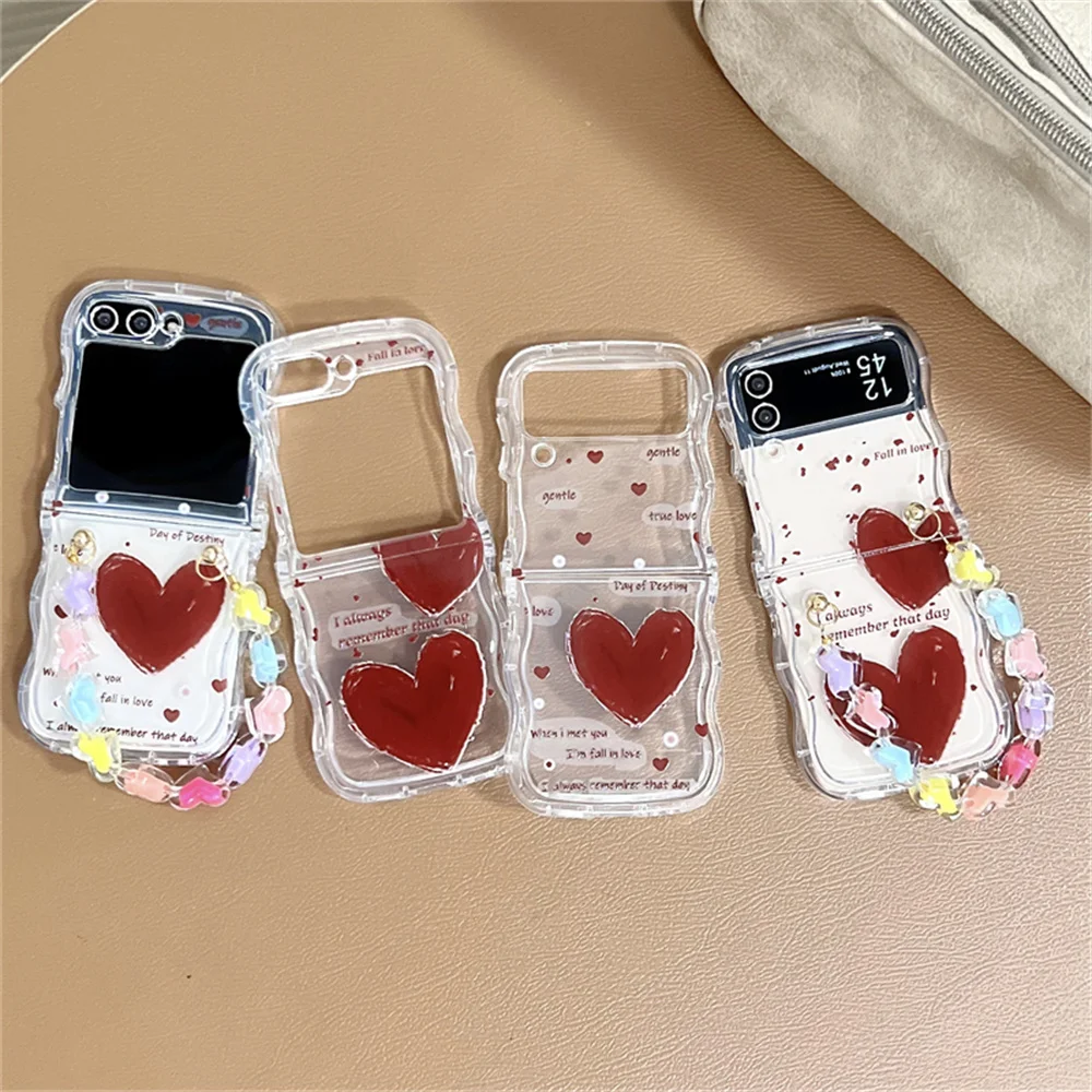 أزياء الحب القلب واضح موجة حالة الهاتف لسامسونج غالاكسي Z فليب 5 Z فليب 4 3 الكرتون سوار لينة سيليكون غطاء رقيقة جدا