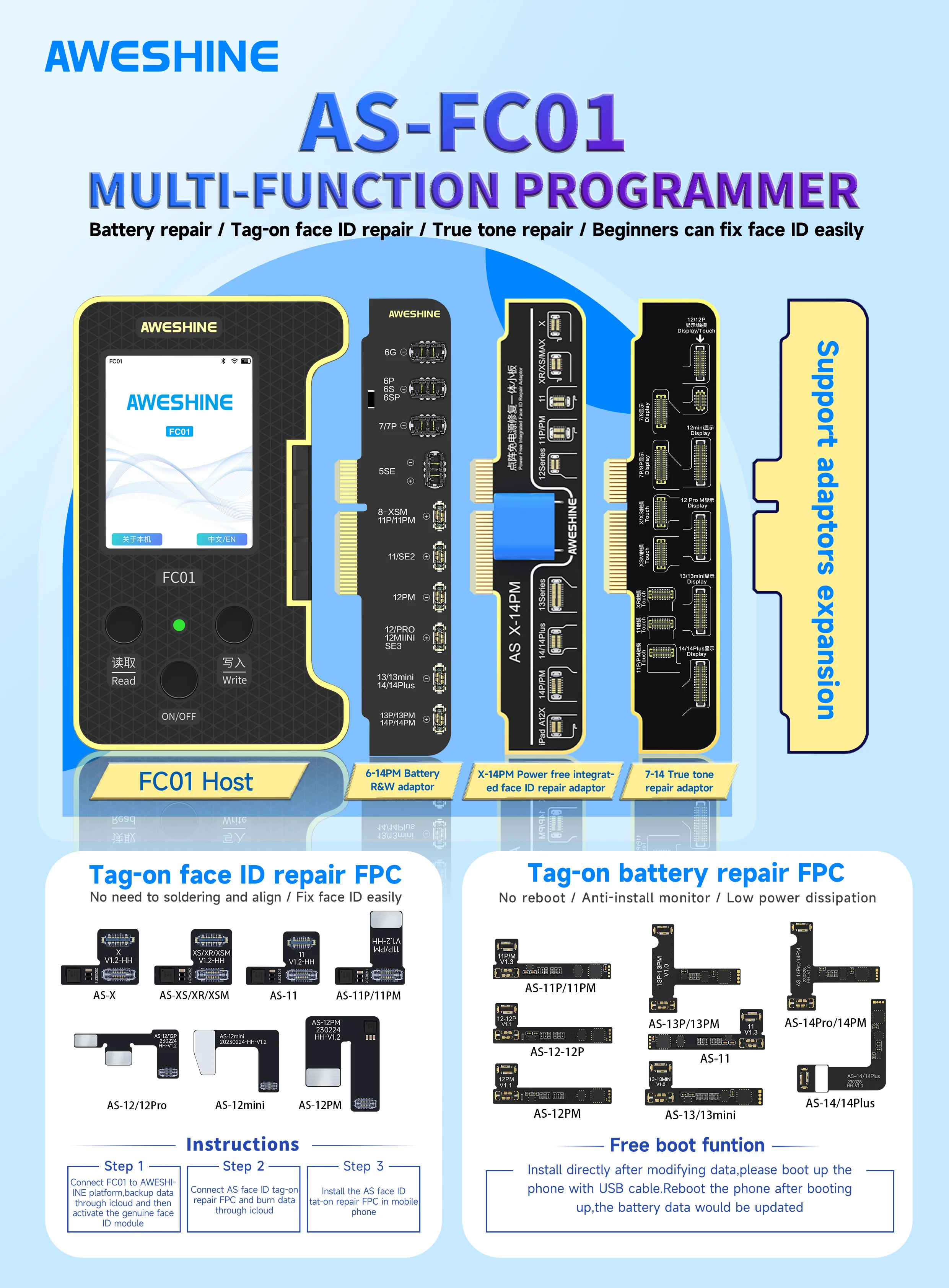 AWESHINE AS FC01 Dot Matrix Programmer For Phone X-14ProMax True Tone Face ID Flex Cable Non-Removal Replacement Read Write Tool