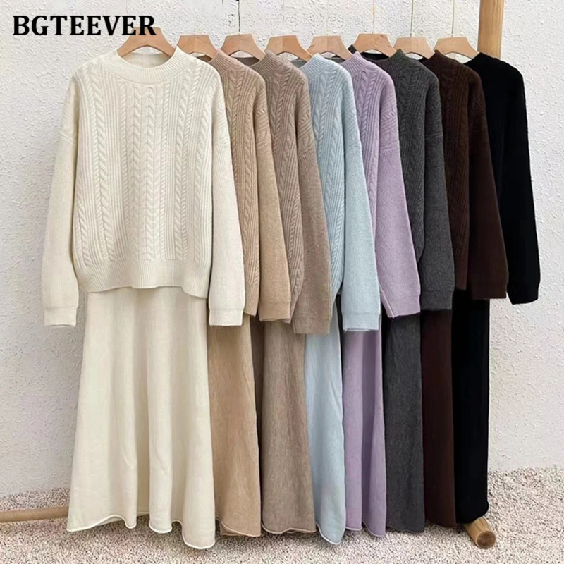 BGTEEVER Elegant Warm Loose Female 2 Pieces Knitted Set O-ncek Long Sleeve Pullovers Sweaters & High Waist A-line Skirts