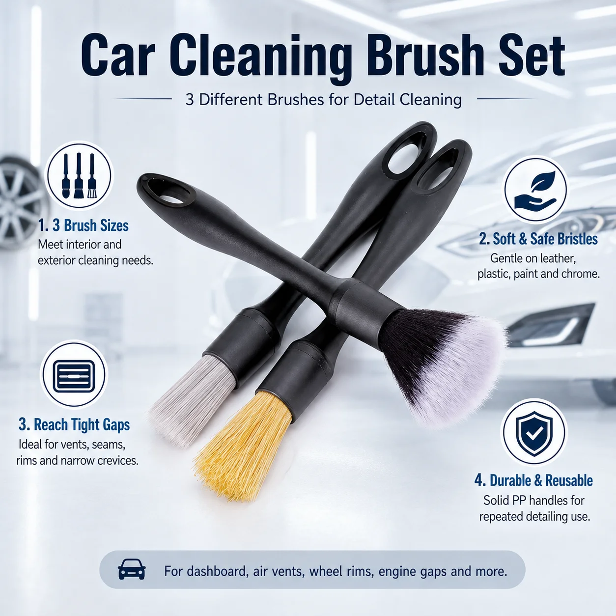 22cm Long Handle Car Detailing Brush for Dashboard Air Vent Crevice Dust Cleaning, Soft/Firm Bristle Auto Detailing Tool