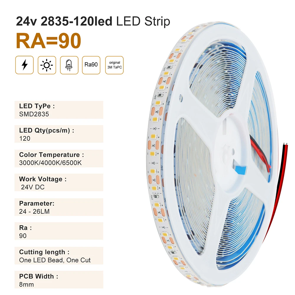 1 LED 컷 LED 스트립 라이트 5m 10m 12v 24v RA90 SMD 2835 120Leds/m 따뜻한/자연 백색 야간 백라이트 밝은 유연한 테이프 램프