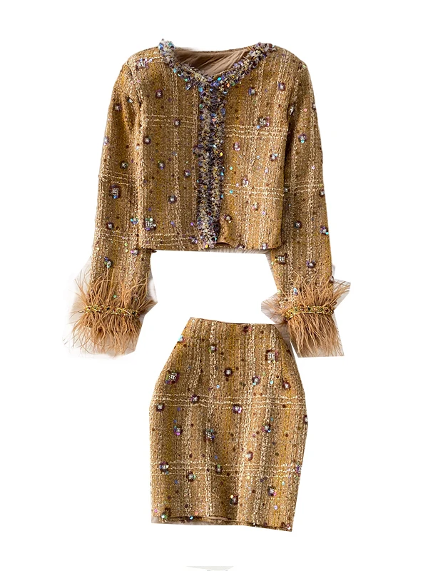 Ele European High-Quali Lightweight Luxury Diamond-Encrusted Sequin ort Skirt Set Women's Coat with Fur Sves