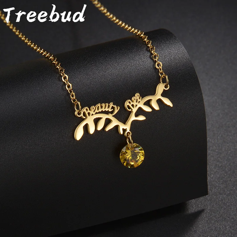 Treebud Custom Name Antler 12 Color Round Zircon Necklace for Women Girls Stainless Steel Chain Necklace Jewelry Christmas Gifts