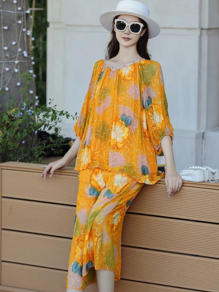 Summer New Vital Orange Print +Sequin Embroidery Loose O-Neck Three Quarter Sleeve Top +Wide Leg Pants Two Piece Set One Size