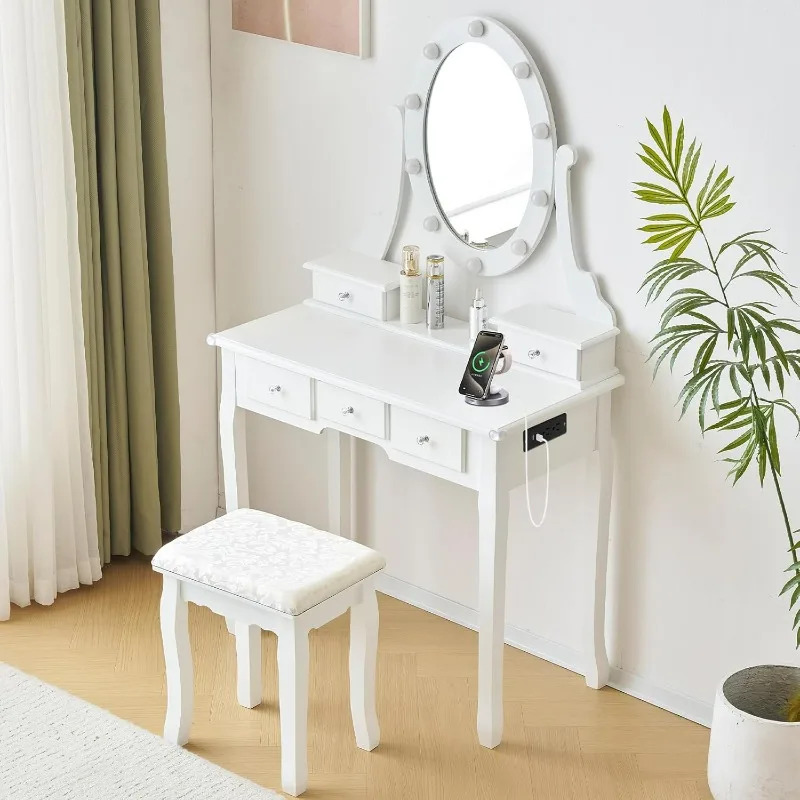 

Vanity Set with 3-Color Dimmable Lighted Mirror & 5 Drawers, Makeup Vanity Desk with Power Outlet & Cushioned Stool, 360°