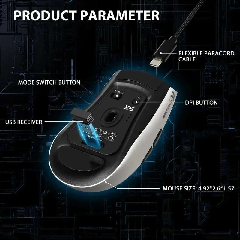 ATTACK SHARK X5 Wireless Gaming Mouse Tri Mode Bluetooth 2.4G USB C Wired PAW3212 Sensor RGB 49G Lightweight For PC Mac Gamer