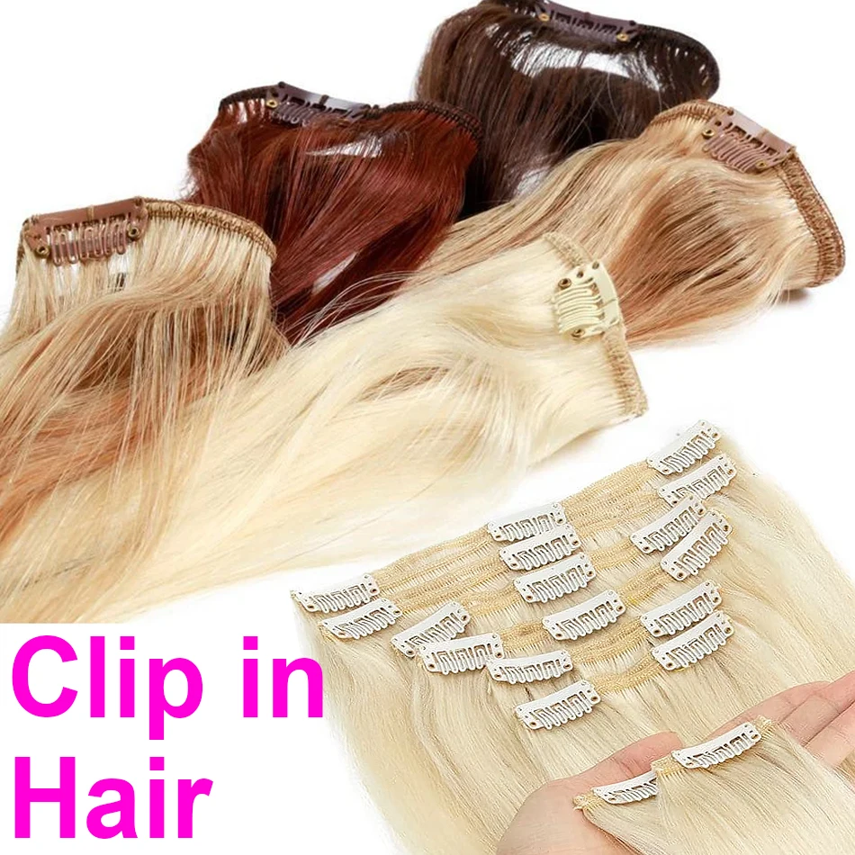 7Pcs/Set Straight Clip In Human Long Hair Glueless Extensions Real 100% Natural Hair Blond Color Smooth Without Knot For Women