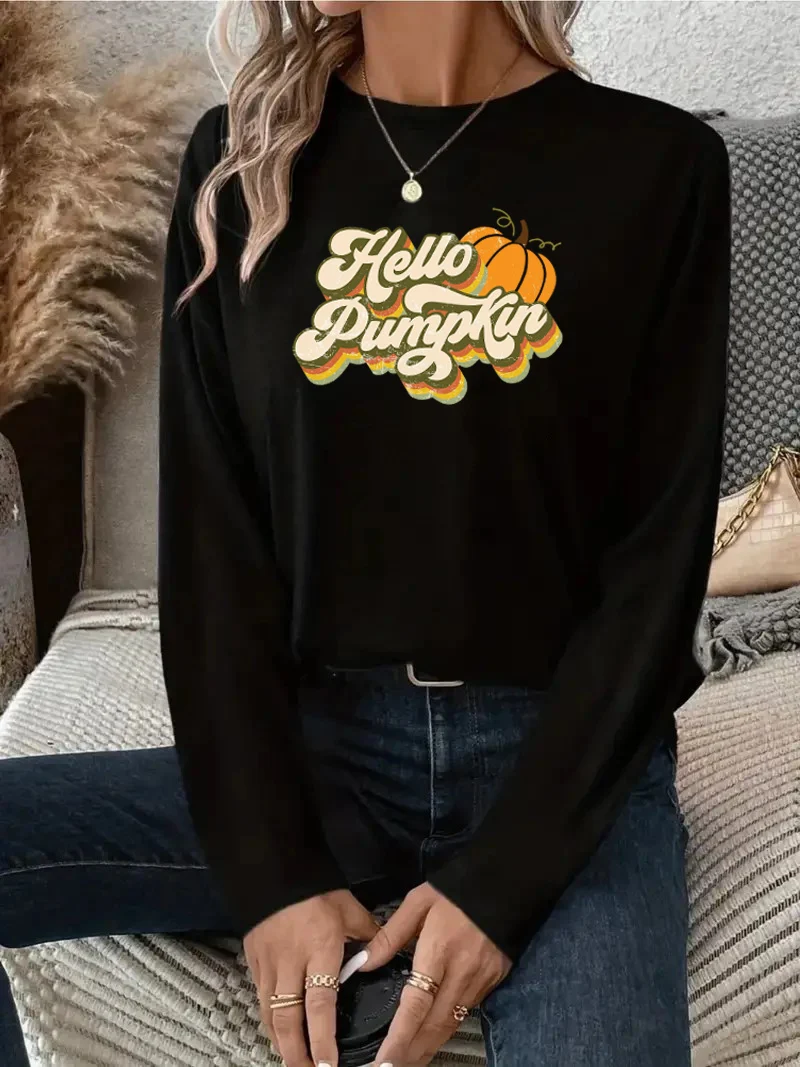 

2024 Halloween Pumpkin letter printed T-shirt, women's comfortable loose casual crewneck long sleeve shirt, all season women