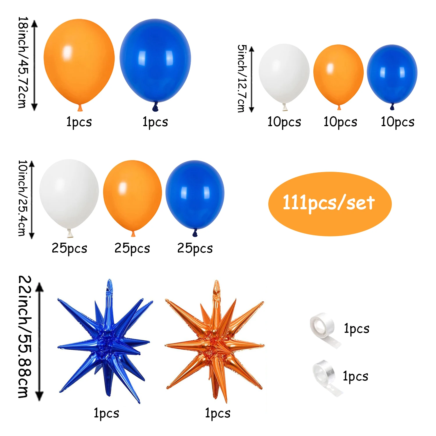 111 قطعة من مجموعة إكليل مقوس بالونات لموسم التخرج باللونين البرتقالي والأزرق، بالون أزرق وأبيض مع نجمة من الألومنيوم المتفجرة f