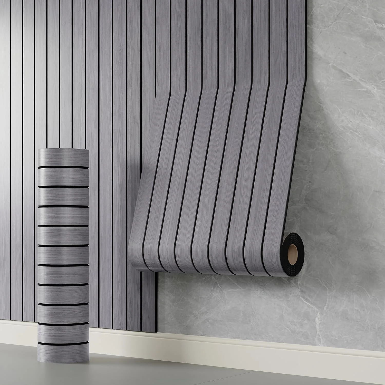 1PC 3meters/118.11inch PVC Slat Wall Panel Peel and Stick Grey Wood Grain Slat Panel Self-Adhesive Wallpaper 3D Wall Panels
