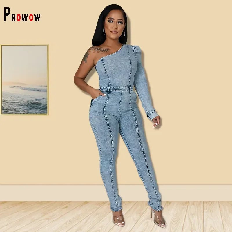 Prowow Women Jumpsuits Fashion One Sleeve Denim Overalls Rompers Blue Color Slim Fit Fashion Trend Female Streetwear